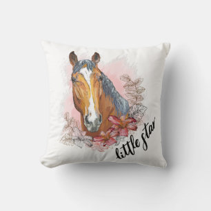 Hand drawing horse with plants and flowers throw pillow