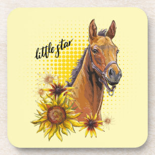 Hand drawing horse with sunflowers throw pillow coaster