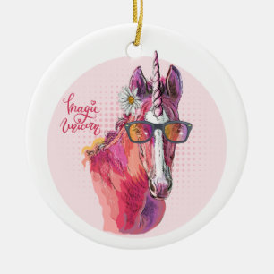 Hand drawing pink Unicorn T-Shirt Keychain Ceramic Ornament