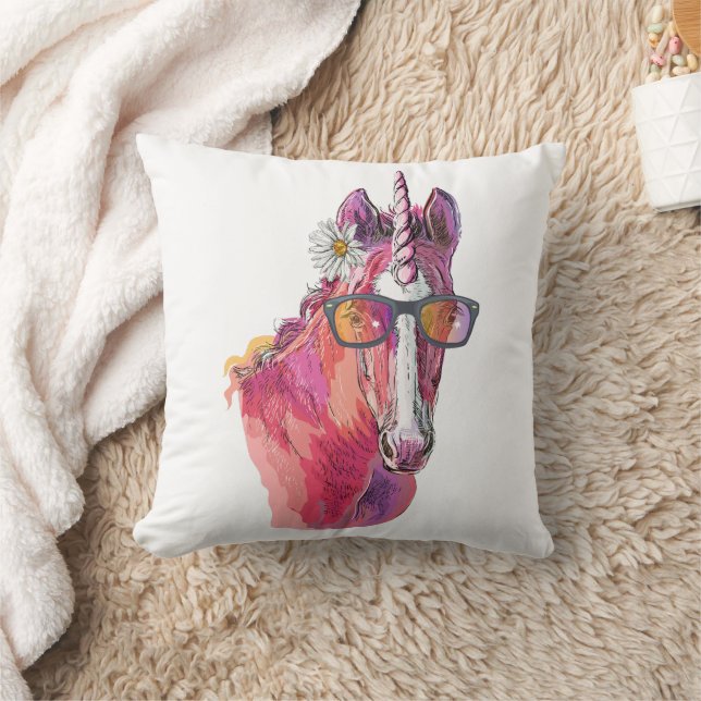Hand drawing pink Unicorn T-Shirt Throw Pillow (Blanket)