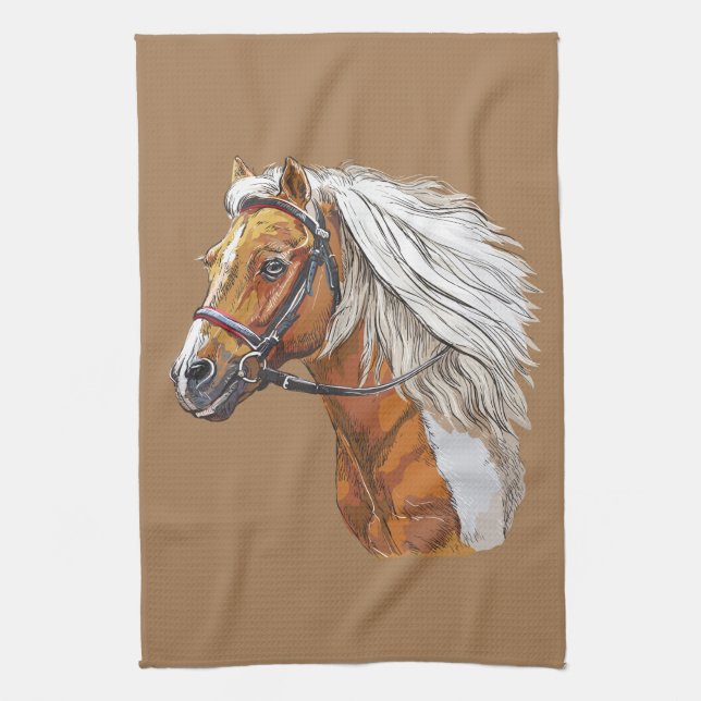Hand drawing pinto horse portrait kitchen towel (Vertical)