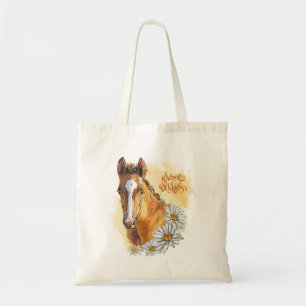 Hand drawing young horse with sunflowers tote bag