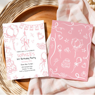 Hand Drawn 1st Birthday Invite, Doodle Birthday Invitation