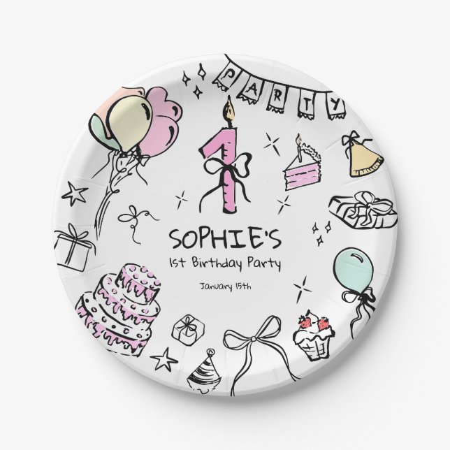 Hand Drawn 1st Birthday Paper Plate (Front)