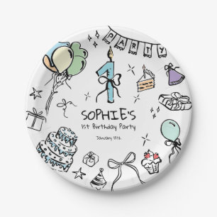 Hand Drawn 1st Birthday Paper Plate