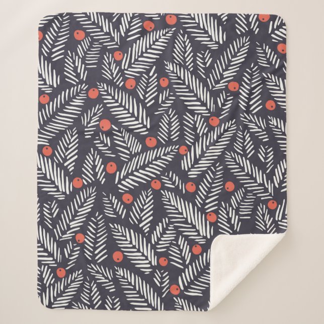 Hand drawn abstract Christmas foliage, red holy be Sherpa Blanket (Front)
