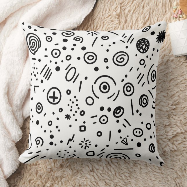 Hand-Drawn Abstract Doodle - Black and White Throw Pillow (Blanket)