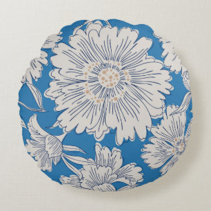 Hand drawn abstract garden flowers. Contour drawin Round Pillow