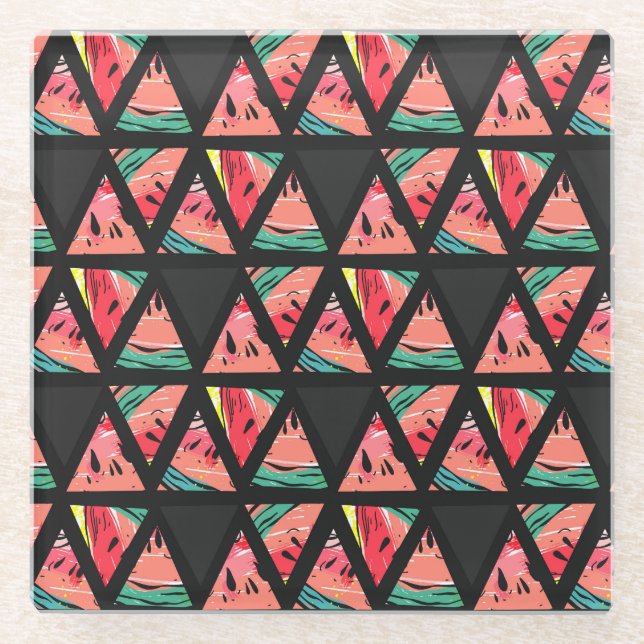 Hand Drawn Abstract Watermelon Pattern Glass Coaster (Front)