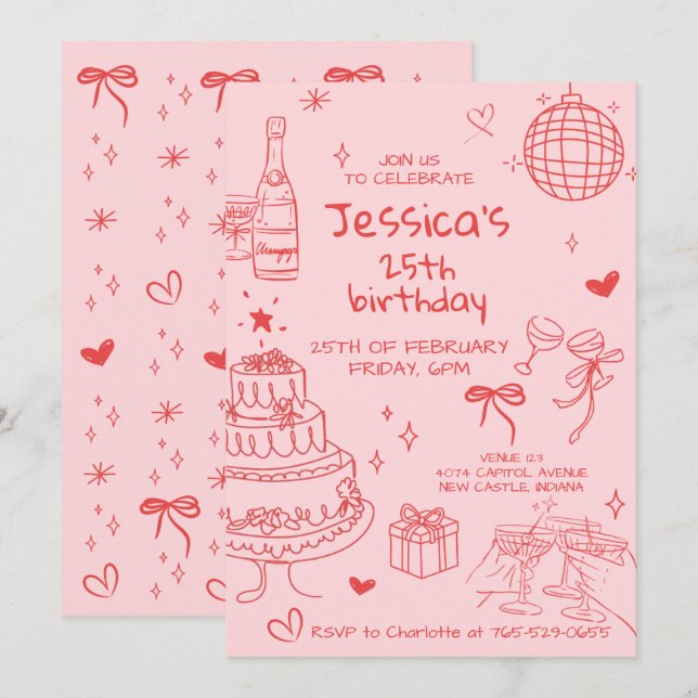 Hand Drawn Adult Handwritten Scribble Birthday  Invitation (Front/Back)
