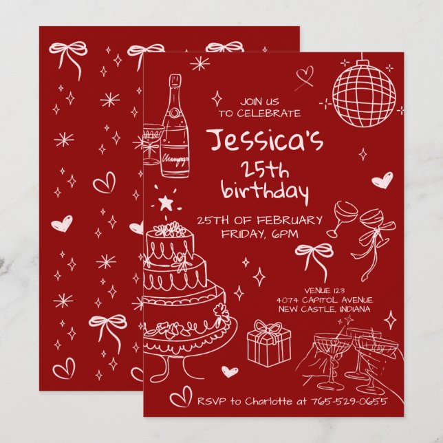Hand Drawn Adult Handwritten Scribble Birthday  Invitation (Front/Back)