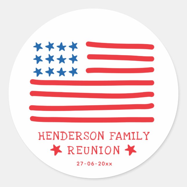 Hand Drawn American Flag - Family Reunion Classic Round Sticker (Front)
