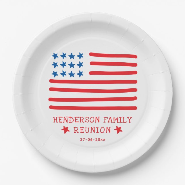 Hand Drawn American Flag - Family Reunion Paper Plate (Front)