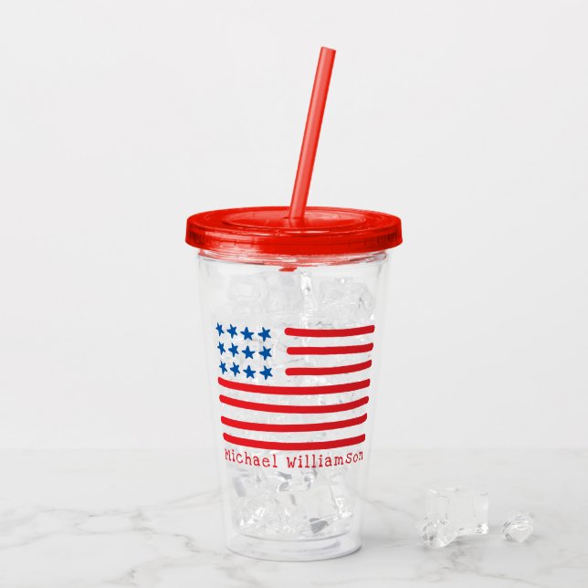 Hand Drawn American Flag | Personalized Patriotic Acrylic Tumbler (Back Ice)