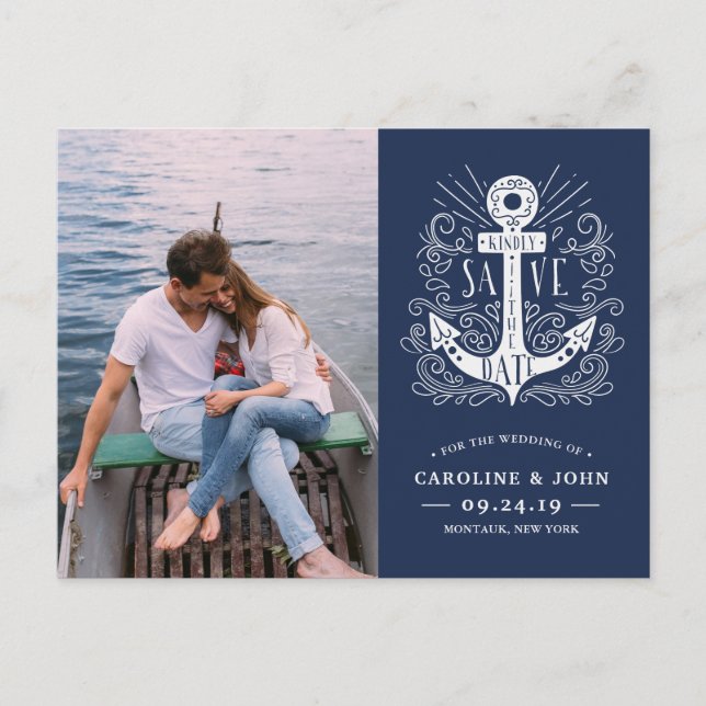 Hand Drawn Anchor Photo Save the Date Announcement Postcard (Front)