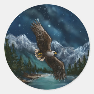 hand drawn and painted eagle in sky classic round sticker