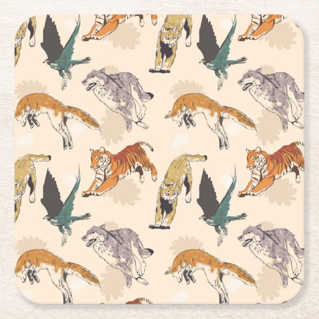 Hand Drawn Animals in the Wild Retro Sketch Square Paper Coaster (Front)