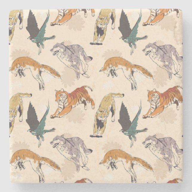 Hand Drawn Animals in the Wild Retro Sketch Stone Coaster (Front)