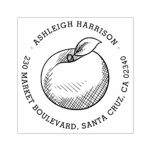 Hand-drawn Apple Round Name & Return Address Rubber Stamp