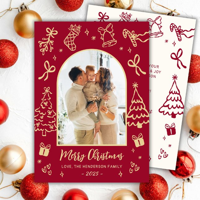 Hand-Drawn Arch Photo Red and Gold Merry Christmas Holiday Card (Creator Uploaded)