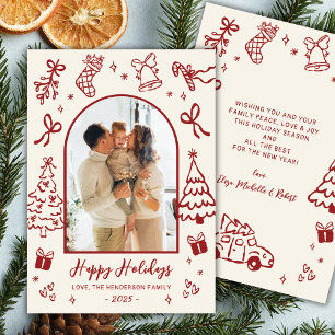Hand-Drawn Arch Photo Red Beige Christmas Happy Holiday Card
