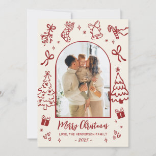 Hand-Drawn Arch Photo Red Beige Merry Christmas  Holiday Card