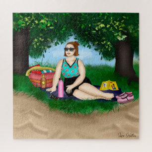 Hand drawn Art   Woman Relaxing at Beach Jigsaw Puzzle