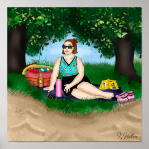 Hand drawn Art Woman Relaxing at Beach Poster