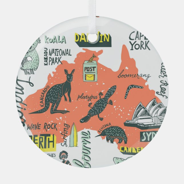 Hand-drawn Australian attractions, typography post Glass Ornament (Front)