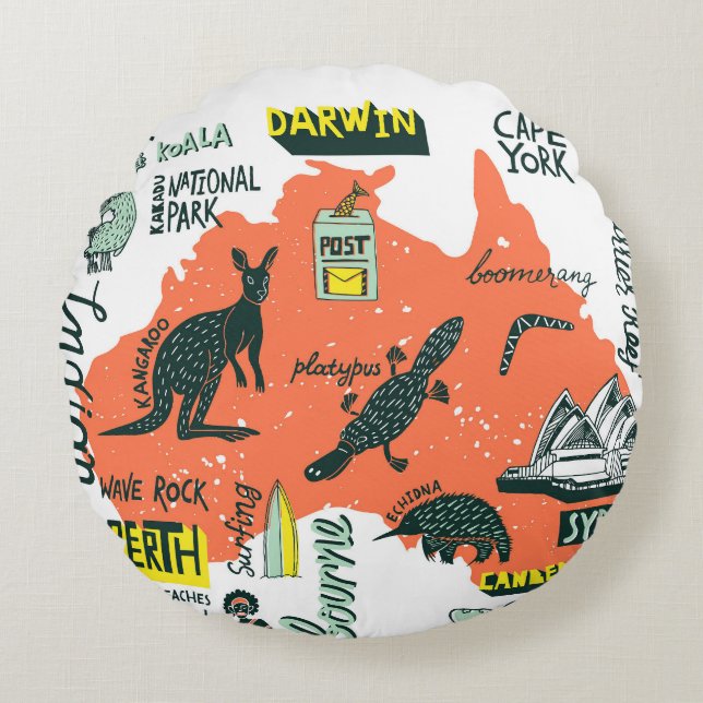 Hand-drawn Australian attractions, typography post Round Pillow (Front)