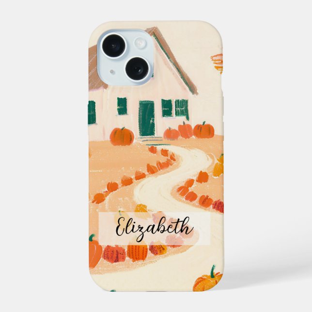 Hand Drawn Autumn Fall House Lined with Pumpkins iPhone 15 Case (Back)