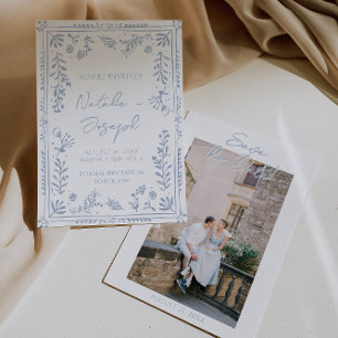 Hand Drawn Azure Blue Floral Garden Photo Wedding Save The Date