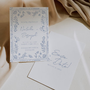 Hand Drawn Azure Blue Floral Garden Whimsy Wedding Save The Date