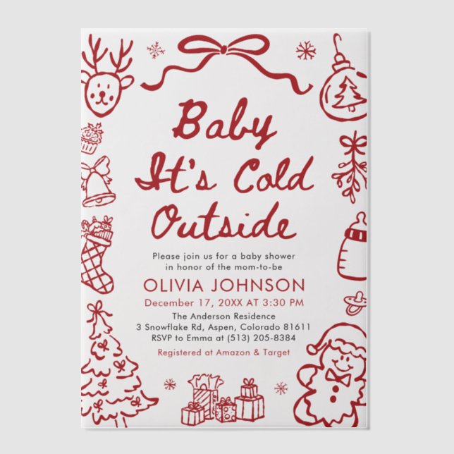 Hand Drawn Baby It's Cold Outside Baby Shower Vellum Invitations (Front)