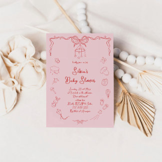 Hand Drawn Baby Shower, Bow Baby Girl Handwritten  Invitation
