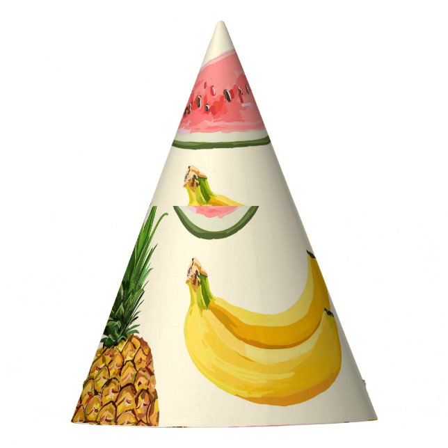 Hand-drawn bananas, watermelons: summer pattern. party hat (Front)