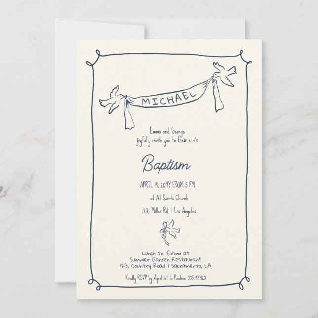Hand drawn Baptism invitation with doves (Front)