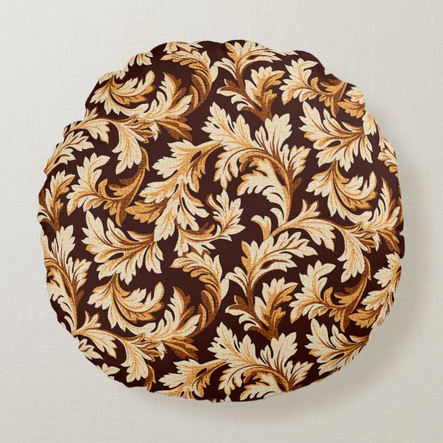 Hand Drawn Baroque Leaves: Stylish Elegance. Round Pillow (Front)