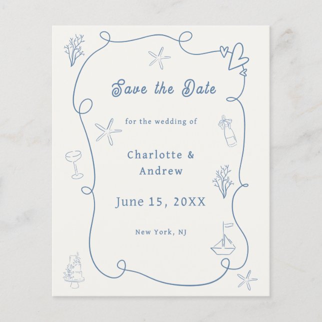 Hand drawn beach blue ivory wedding Save the Date Flyer (Front)