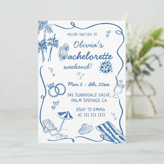 Hand Drawn Beach Coastal Bachelorette Invitation (Standing Front)