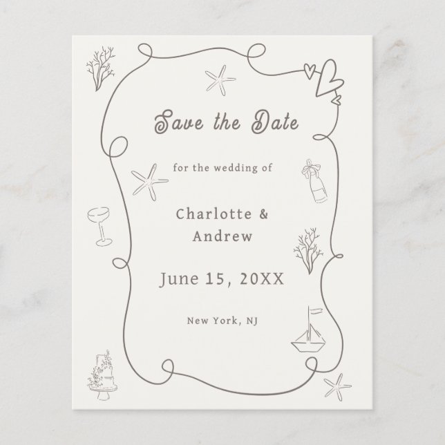 Hand drawn beach ivory taupe wedding Save the Date Flyer (Front)