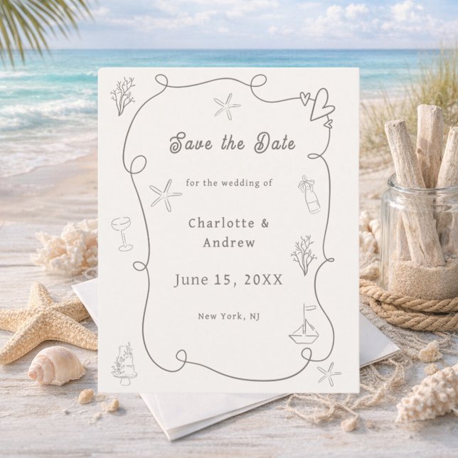 Hand drawn beach ivory taupe wedding Save the Date Flyer (Creator Uploaded)
