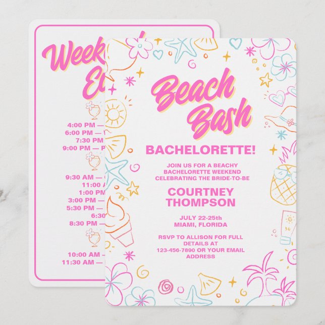 Hand Drawn Beach Theme Bachelorette Party Invitation (Front/Back)