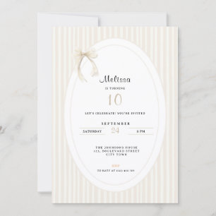 Hand Drawn Beige Stripes Bow 10th Birthday Invitation