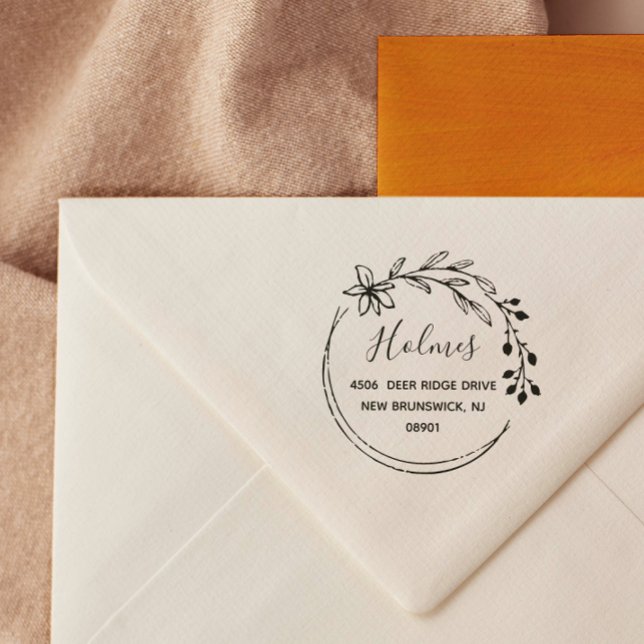 Hand Drawn Berry Flower Wreath Name & Address Rubber Stamp (Creator Uploaded)