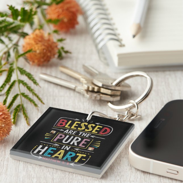 Hand-Drawn Bible Verse: Blessed Pure Heart Keychain (Front Right)