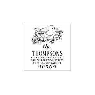 Hand-drawn Bird & Branch Name Return Address Rubber Stamp