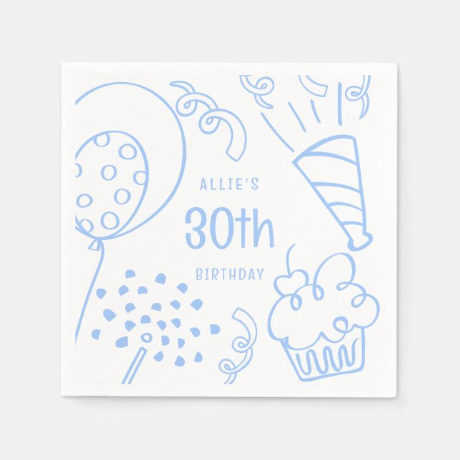 Hand Drawn Birthday Party Any Age Pastel Blue Napkin (Front)
