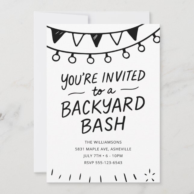Hand Drawn Black and White Backyard Party Invitation (Front)