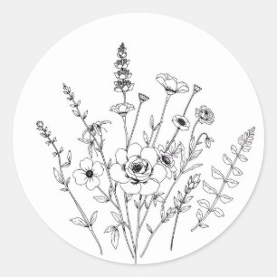 Hand Drawn Black and White Delicate Floral  Classic Round Sticker
